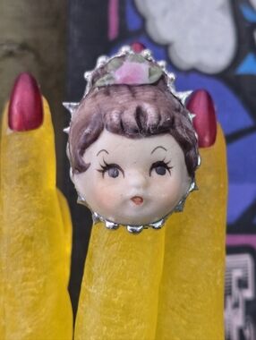 OOAK Porcelain Doll Head Ring – Adjustable Soft Solder Statement Ring – Upcycled